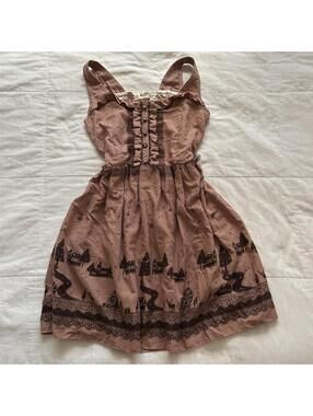 Axes Femme Dusty Pink Winter Village Deer Print Ruffle Lace Jumper Dress M Japan